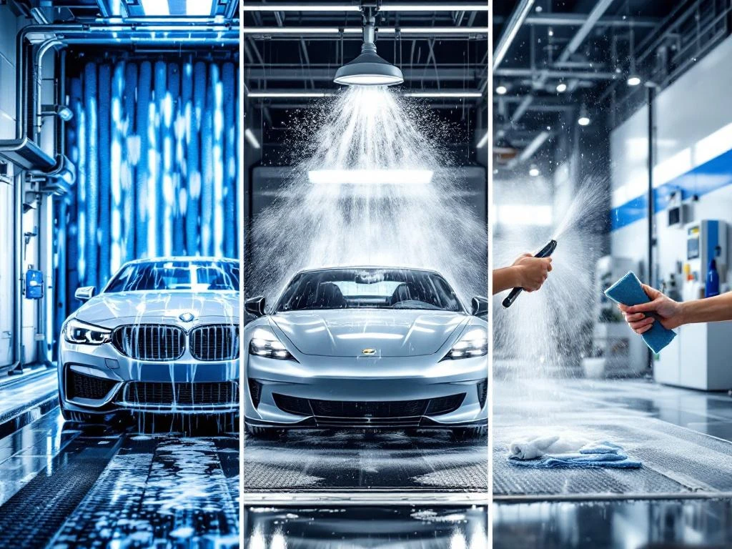 Drie soorten autowassen: automatische tunnel, zelfbediening en handwas met detaillering in moderne wasstraat