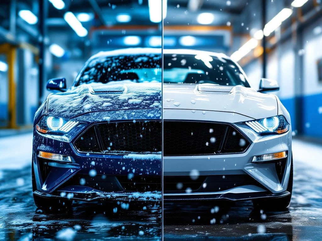 Auto voor en na carwash: links besneeuwd met zoutaanslag, rechts schoon glimmend in moderne wasstraat