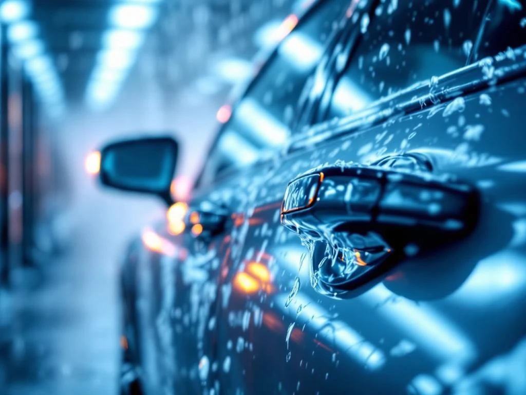 Auto's deurgreep en raam in wasstraat met waterdruppels, zeepschuim en blauwe verlichting tijdens autowasbeurt