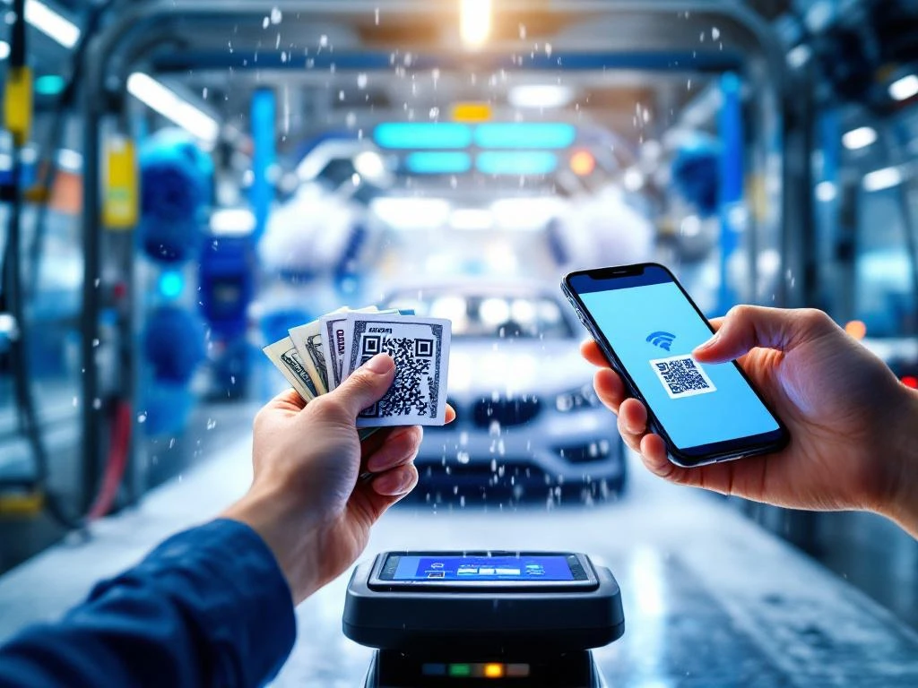 Handen houden contactloze betaalkaart, smartphone en contant geld boven betalingsterminal in moderne wasstraat