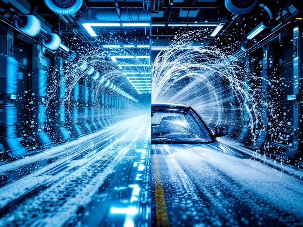 Moderne autowasstraat split-screen: lege tunnel met blauwe borstels links, interieur met zeepsop op voorruit rechts
