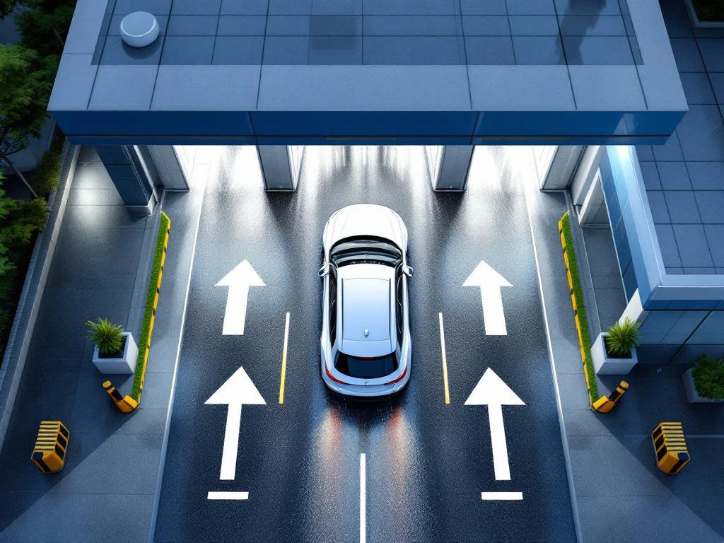 Witte SUV bij ingang van moderne autowasstraat met LED-verlichting en blauwe architectuur, bovenaanzicht