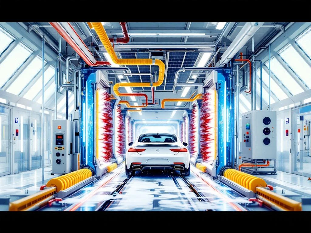 Witte auto in moderne automatische wasstraat met kleurrijke borstels, waterstralen en LED-verlichting in actie