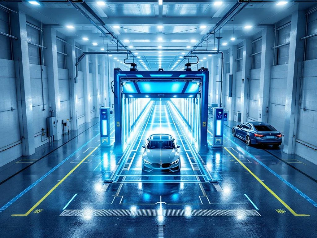 Luchtfoto van moderne autowasserij met geautomatiseerde wastunnel, LED-verlichting en meerdere voertuigbanen