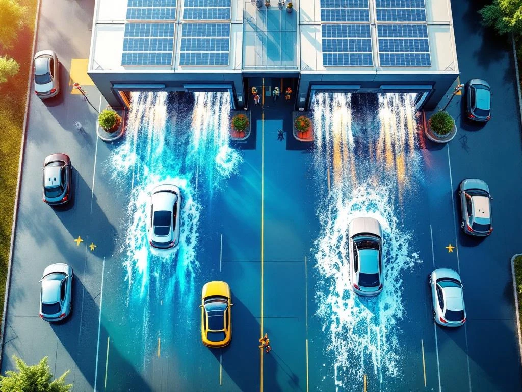 Luchtfoto van moderne autowasstraat met twee rijbanen, geautomatiseerde borstels, schuim en schone auto's op nat asfalt