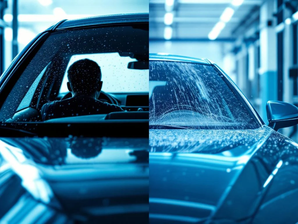 Luxe auto bij moderne wasstraat in gesplitst beeld: links persoon in auto, rechts lege bestuurdersstoel met open deur