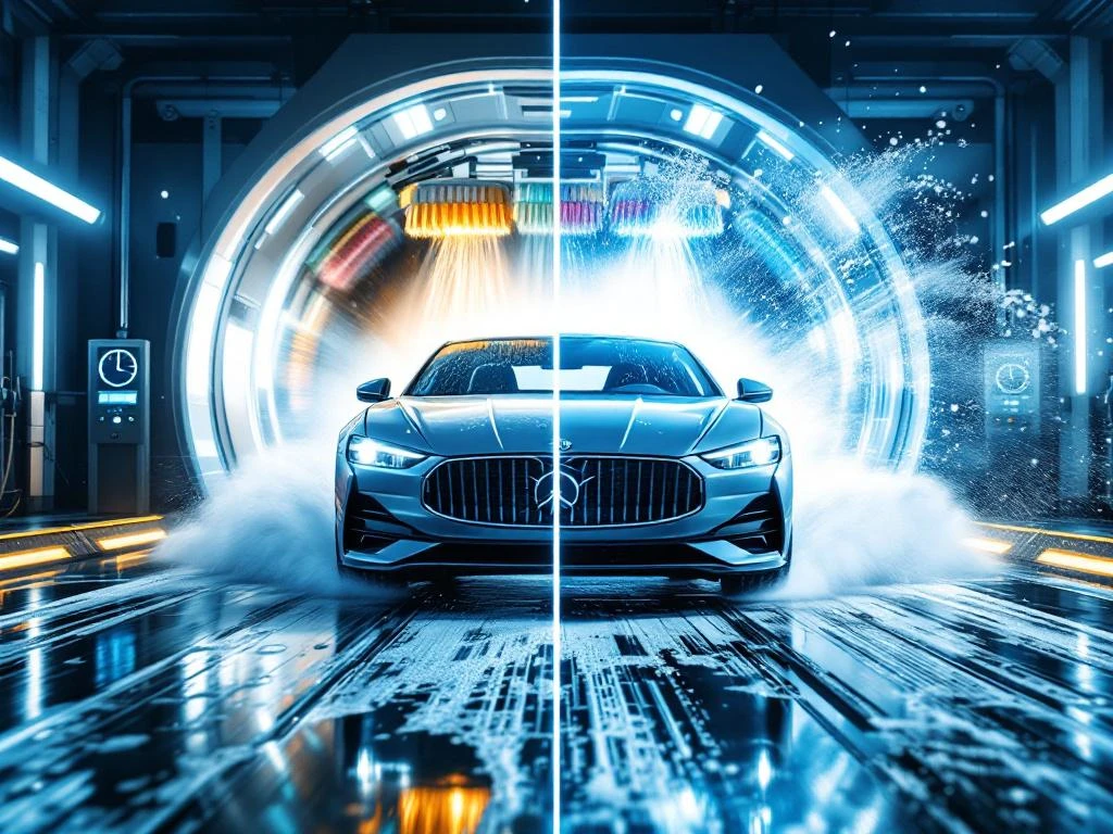 Auto rijdt door geautomatiseerde wasstraat met zepen en borstels, komt er schoon uit met waterdruppels en tijdklok overlay