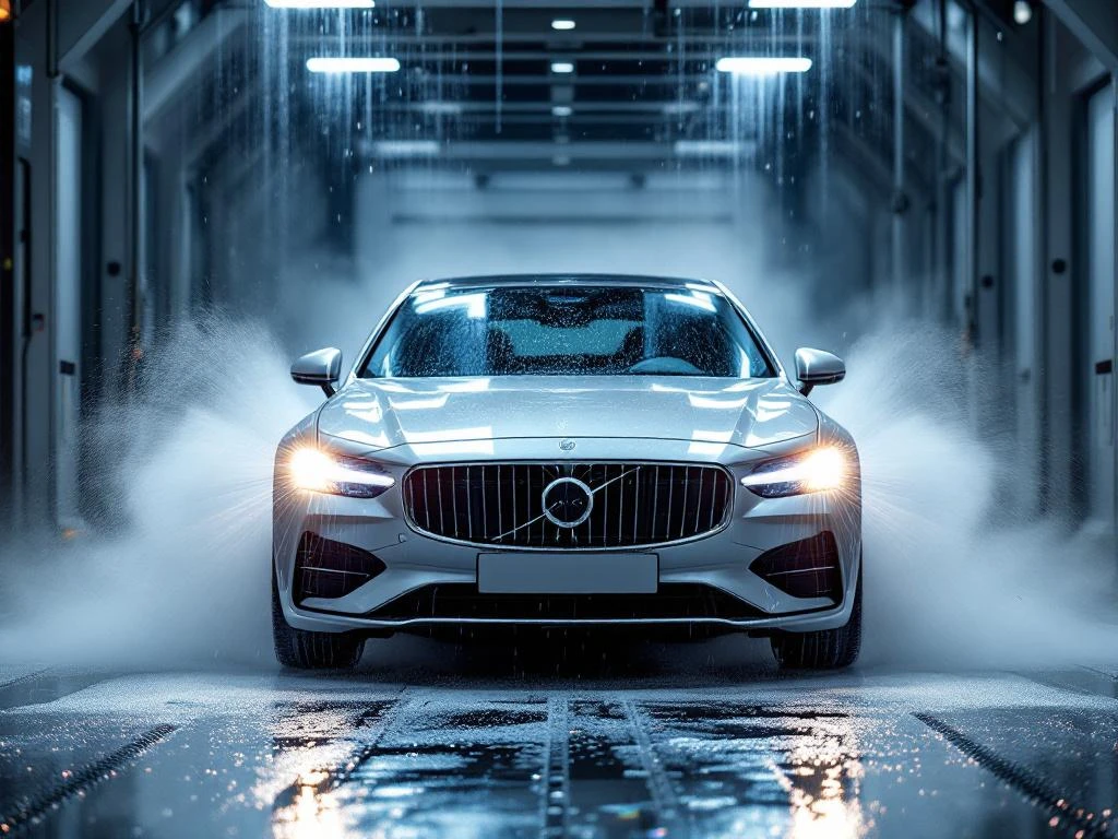 Glanzende moderne auto verlaat geautomatiseerde wasstraat met zeepschuim en waterdruppels op metalen lak