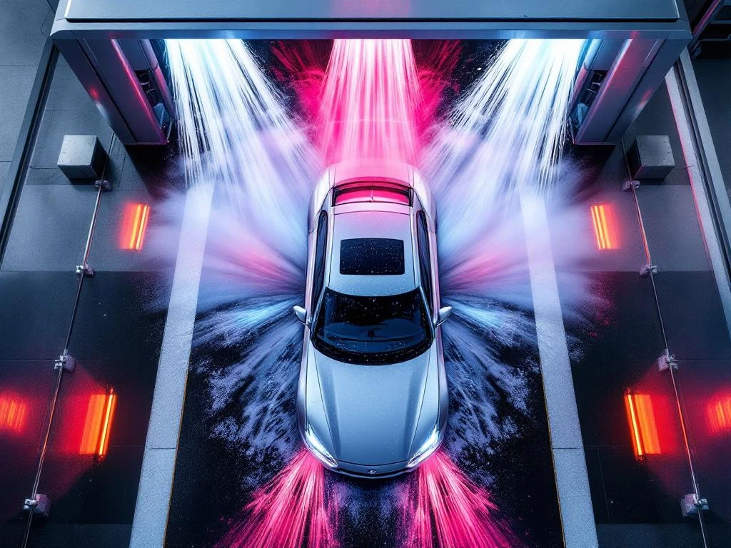 Zilver auto in moderne wasstraat met kleurrijk schuim en professionele LED-verlichting van bovenaf gefotografeerd