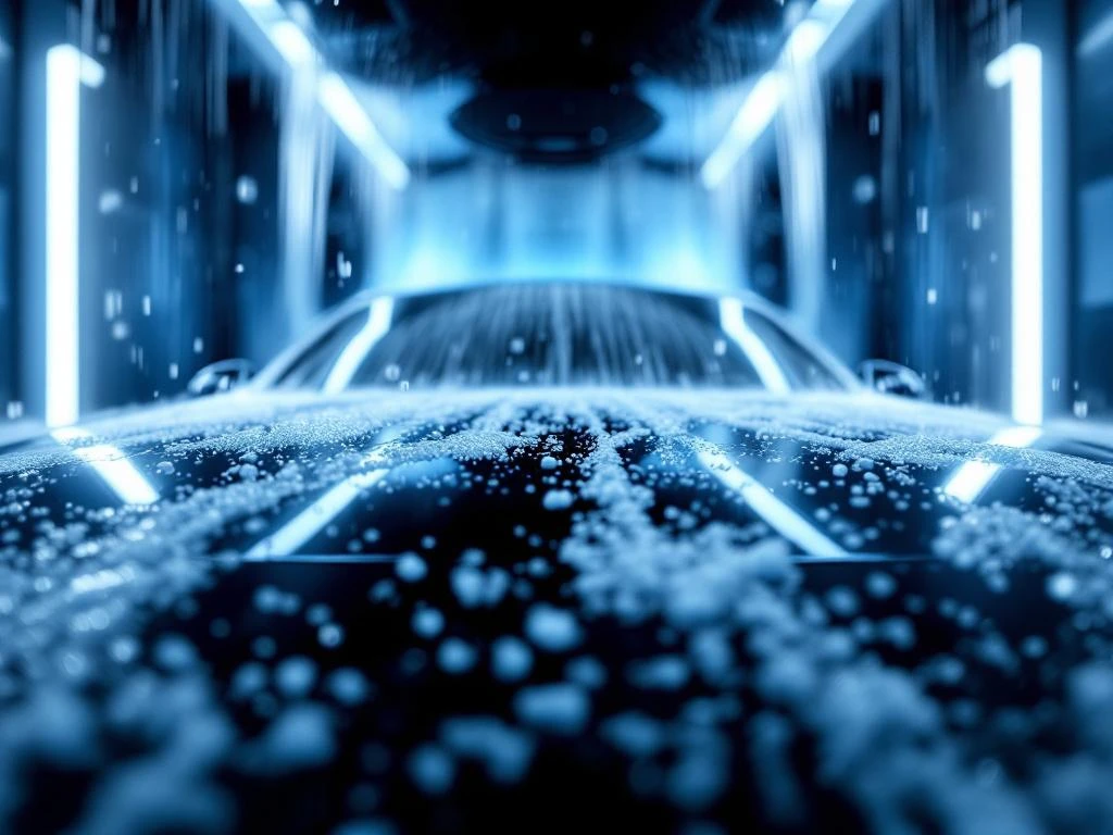 Auto in moderne wasstraat met blauwe schuim en LED-verlichting, roterende borstels zichtbaar op achtergrond