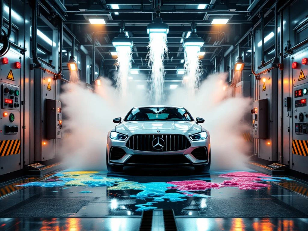 Auto in moderne wasstraat met defecte automatische systemen, water spuit chaotisch rond, waarschuwingslichten knipperen