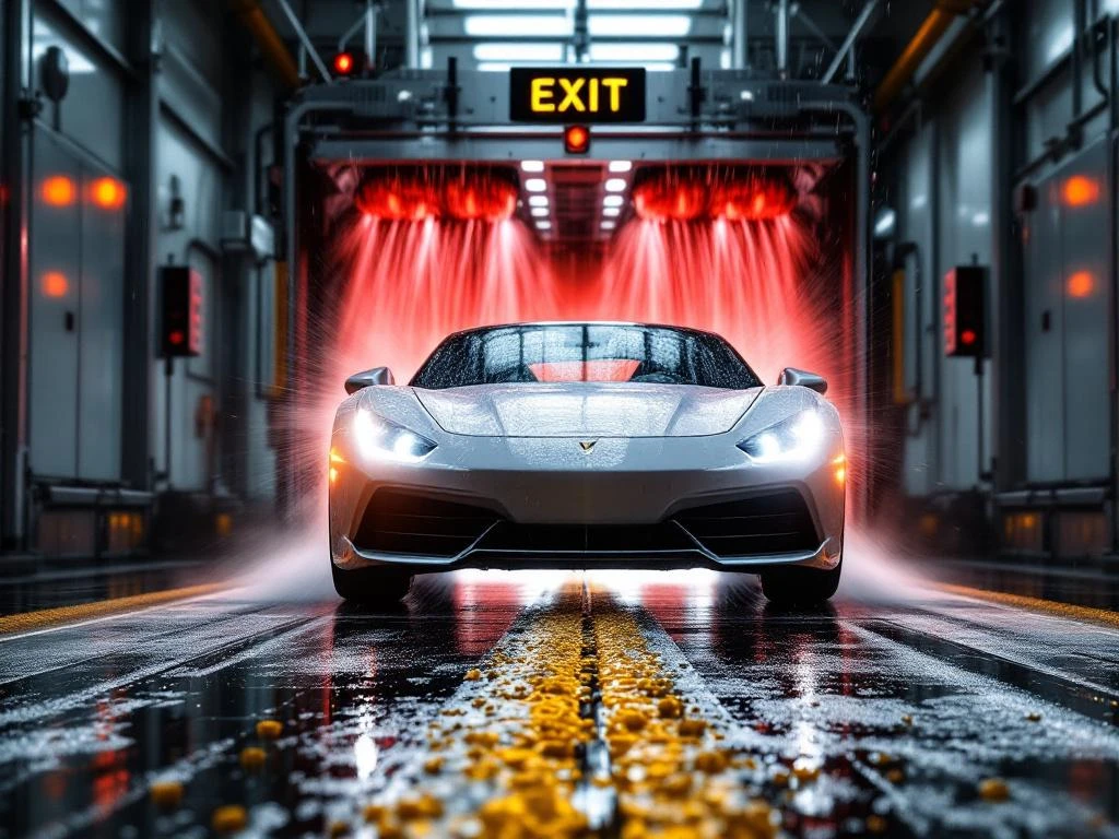 Schone auto verlaat geautomatiseerde wasstraat met glinsterende waterdruppels en verlichte uitgangsignalering