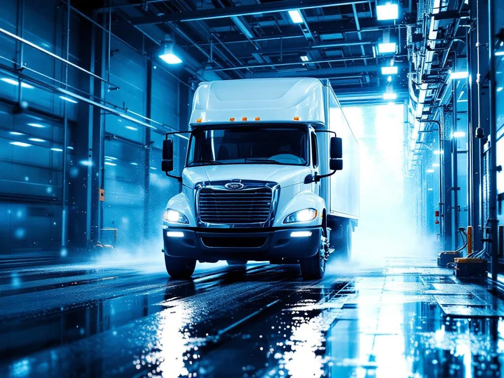 Witte bedrijfswagen nadert geautomatiseerde wasstraat met roterende borstels en waterstralen in split-screen weergave