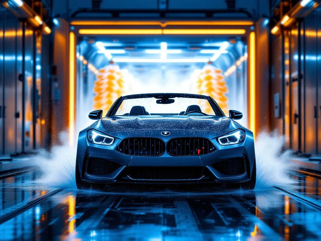 Cabriolet met open dak bij ingang van moderne autowasstraat met LED-verlichting en kleurrijk schuim