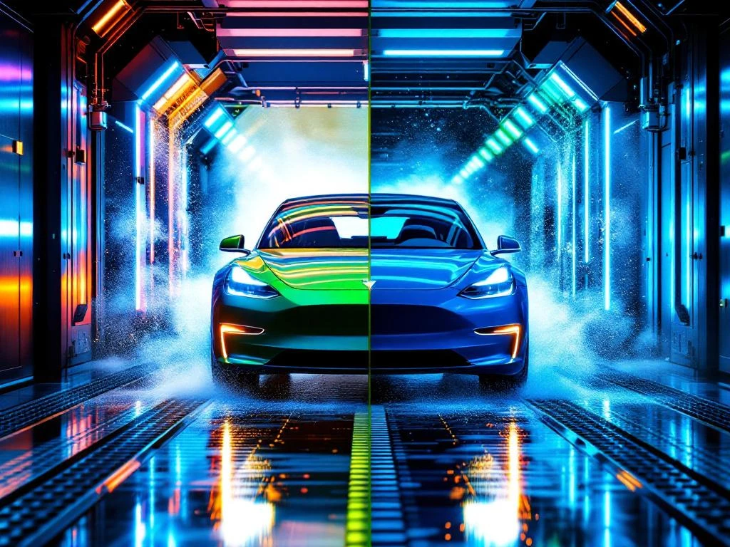 Elektrische auto in geautomatiseerde wasstraat met kleurrijke zeepschuim en LED-verlichting in eco-vriendelijke tunnel