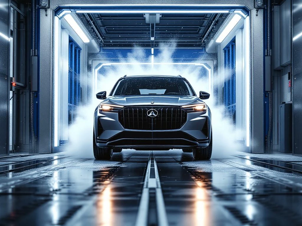 Grote moderne SUV bij ingang van automatische wasstraat, voertuig lijkt te groot voor de opening