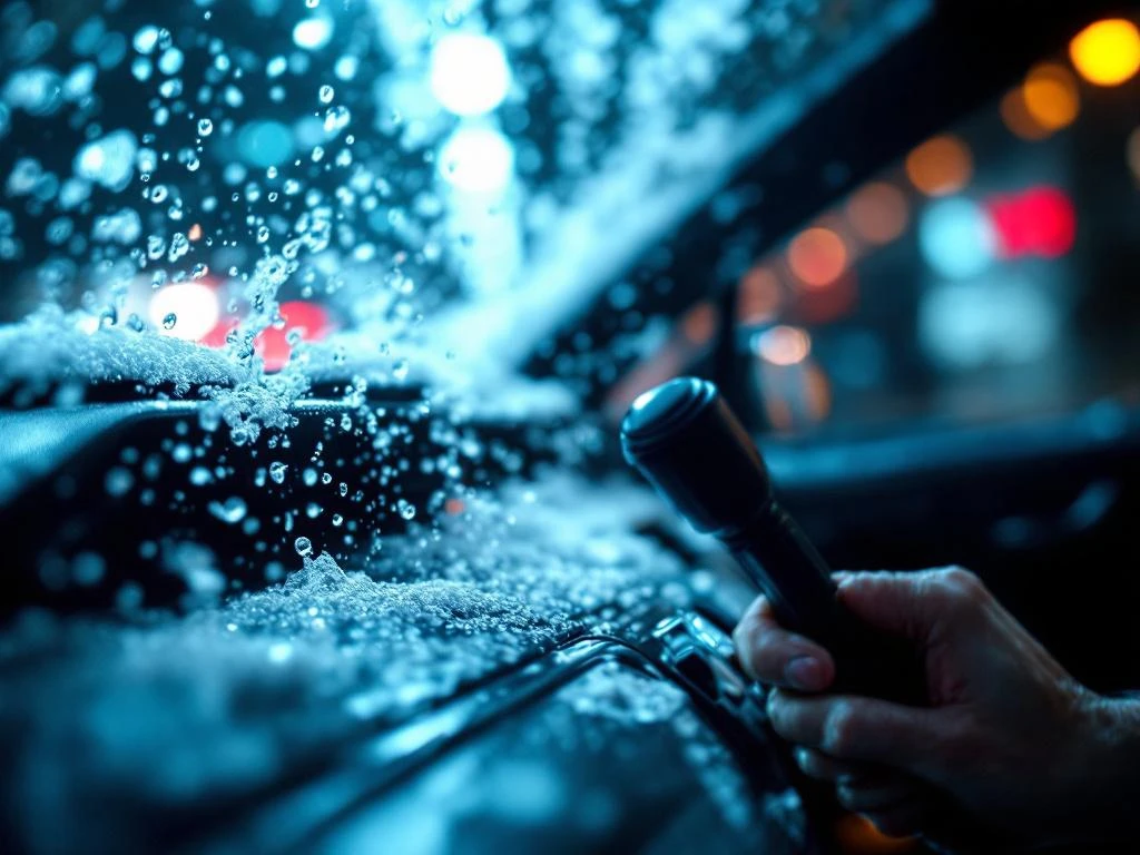 Handrem in auto-interieur met carwash borstels zichtbaar door voorruit met waterdruppels
