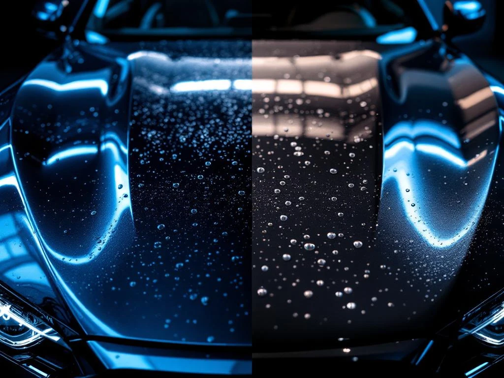 Vergelijking van twee autokappen: links gewaxte afwerking met waterplekken, rechts keramische coating met waterafstoting