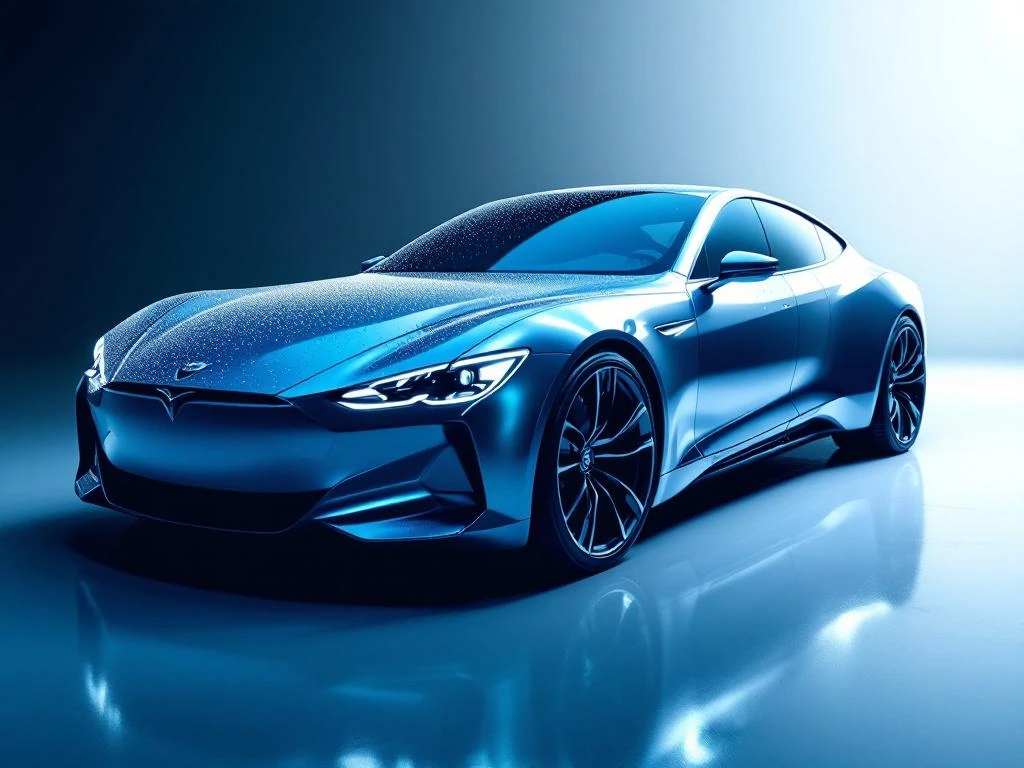 Luxe auto met glanzende lak en waterdruppels onder professionele studiobelichting op blauwe achtergrond