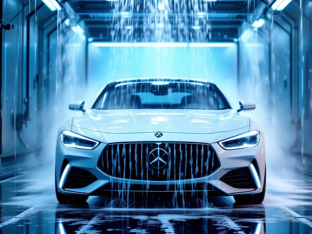 Witte luxe auto wordt gewassen met hogedrukstraal water en zeepschuim in moderne wasstraat