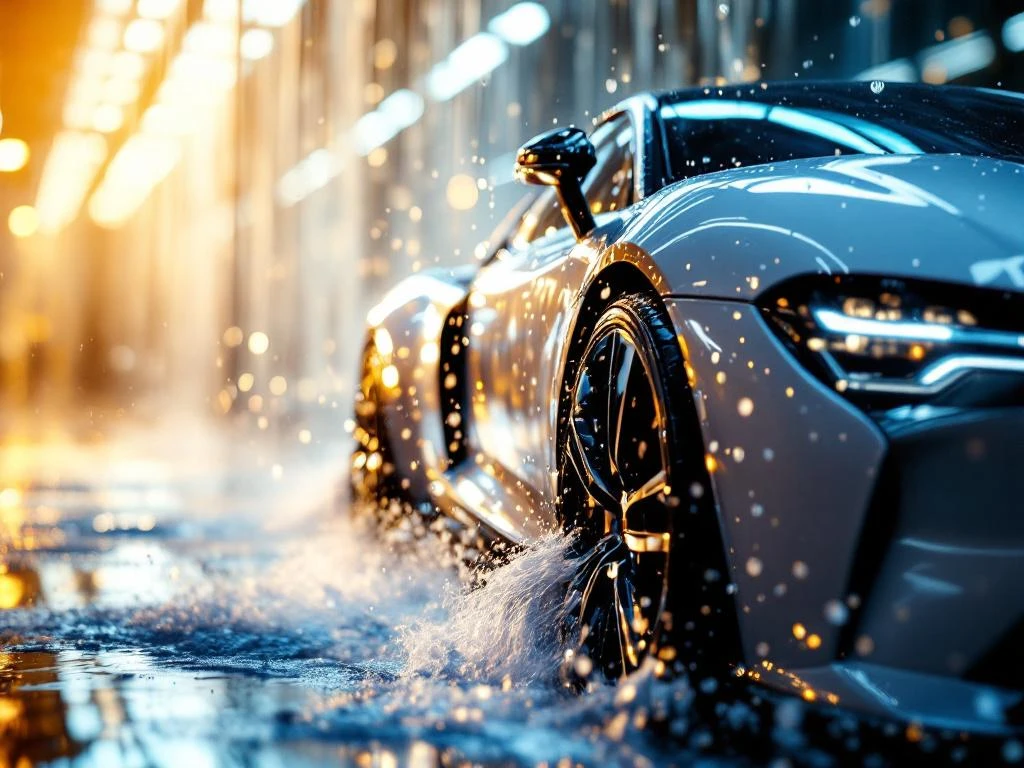 Luxe auto verlaat autowasstraat met waterdruppels en glanzende lak onder dramatische verlichting