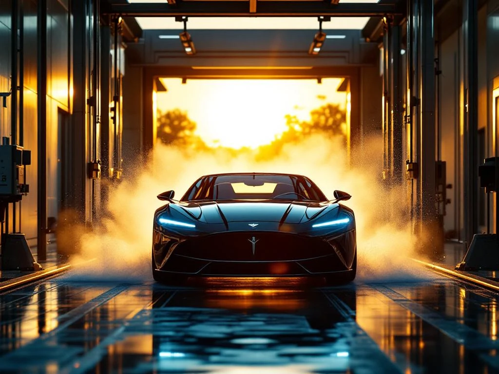 Luxe auto in moderne wasstraat tijdens gouden uur met dramatische belichting en geautomatiseerde wasapparatuur op achtergrond
