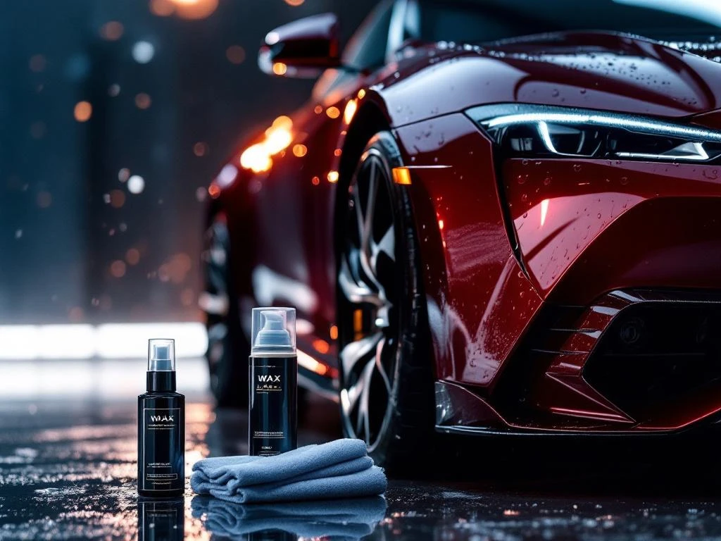 Luxe auto met glanzende lak en waterdruppels, professionele autowasproducten en microfiber doeken op voorgrond