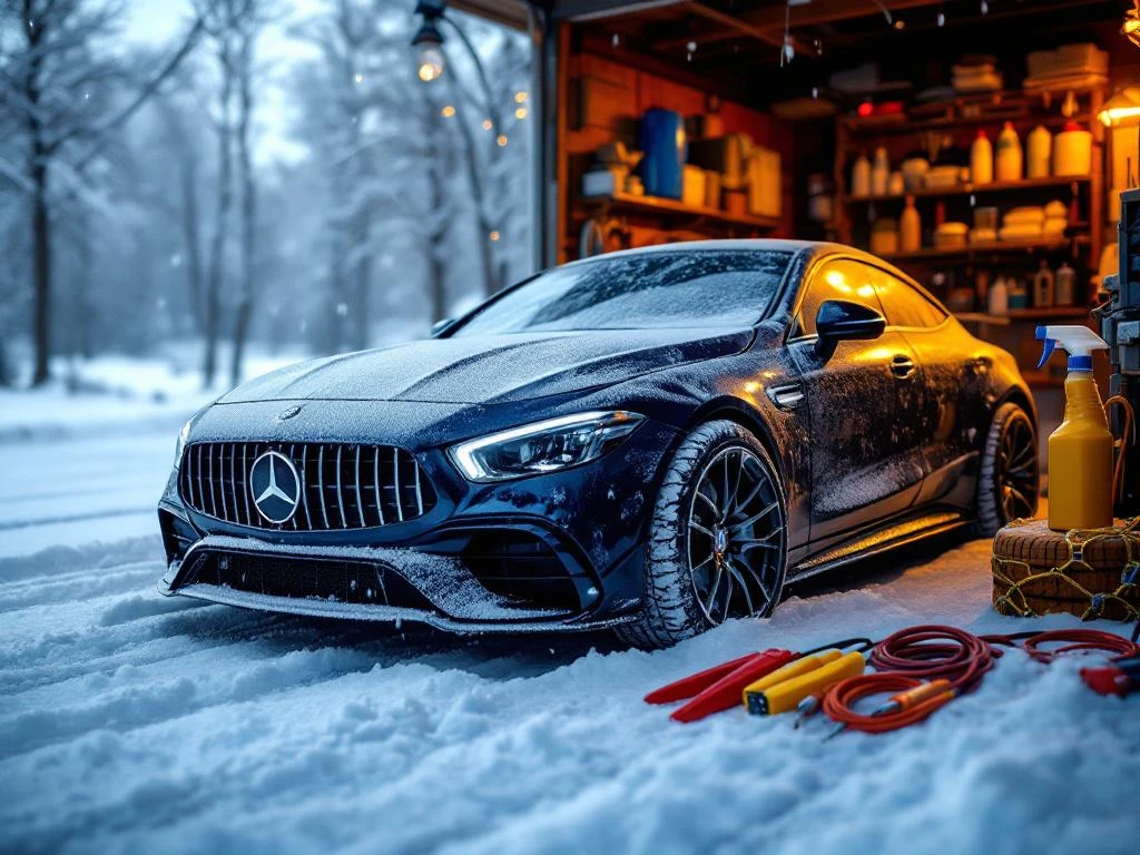 Auto bedekt met vorst en sneeuw met winterbanden, sneeuwkettingen en onderhoudsgereedschap in garage met besneeuwde achtergrond