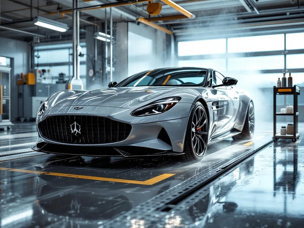 Luxe auto met waterdruppels op verse lakbescherming bij professionele wasstraat in Noordwijk met moderne apparatuur