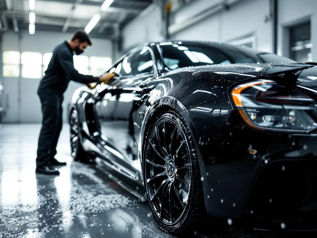 Zwarte luxeauto wordt gedetailleerd door professional in moderne werkplaats met glanzende afwerking