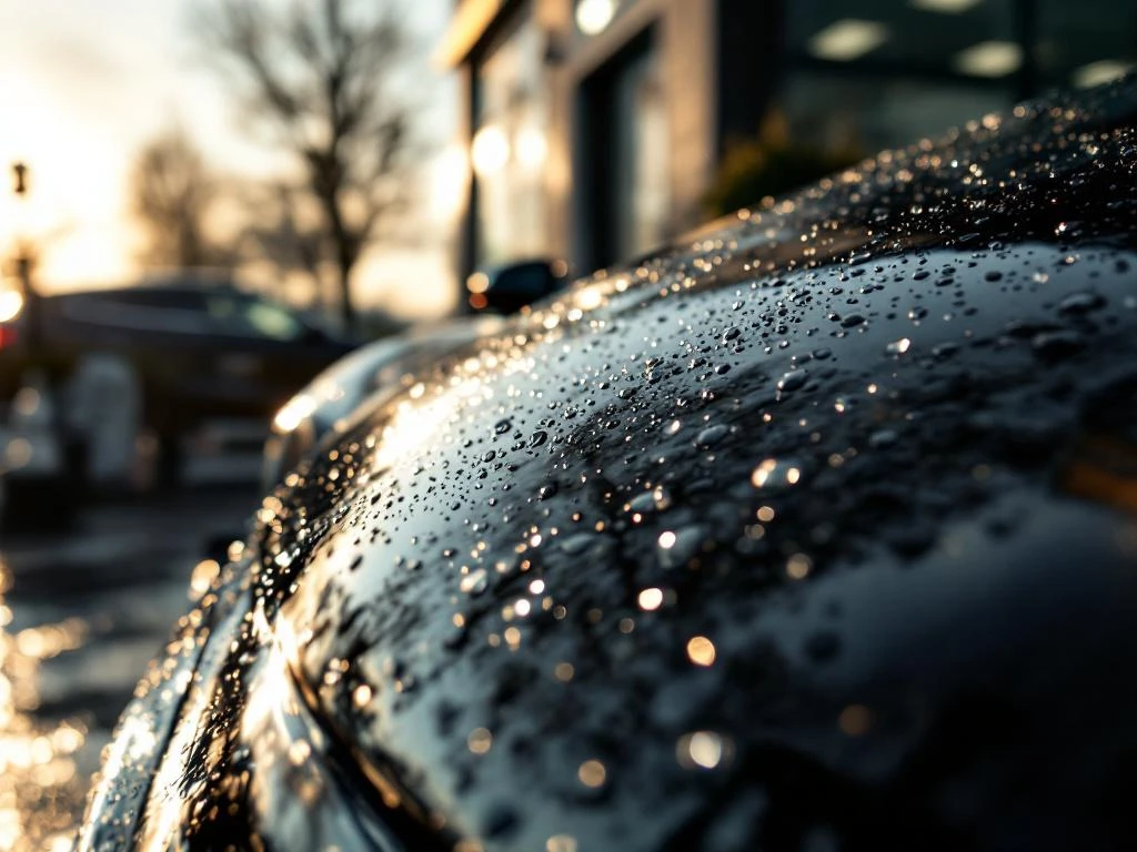 Glanzende zwarte luxeauto na professionele detailing in Noordwijk, met spiegelende lak en waterdruppels op pristine oppervlak