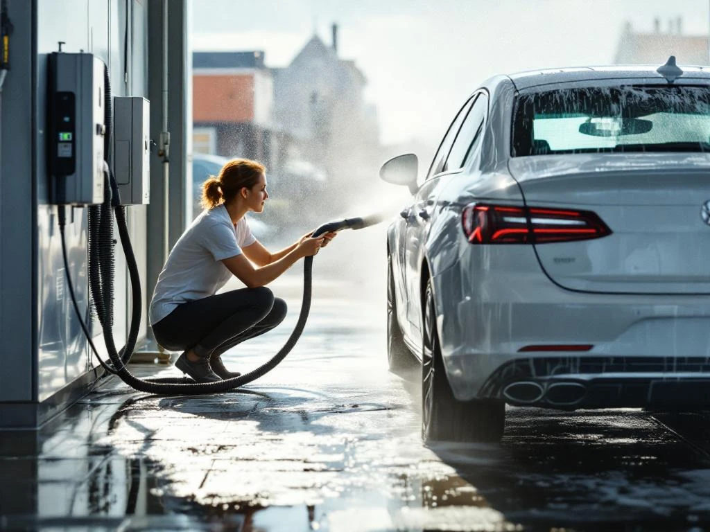Witte auto bij moderne wasstraat met persoon die stofzuigt, zeepschuim op carrosserie, Nederlandse architectuur op achtergrond