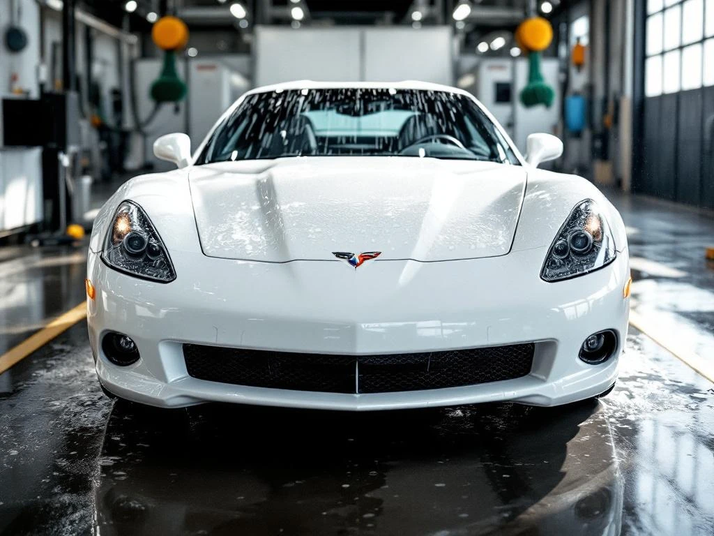 Witte auto met waterdruppels op gewaxte motorkap bij professionele wasstraat, moderne wasapparatuur op achtergrond