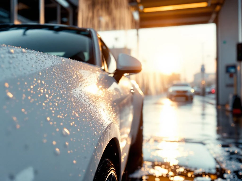 Witte auto bij moderne wasstraat met waterdruppels die glanzen in gouden zonlicht, chromen details zichtbaar