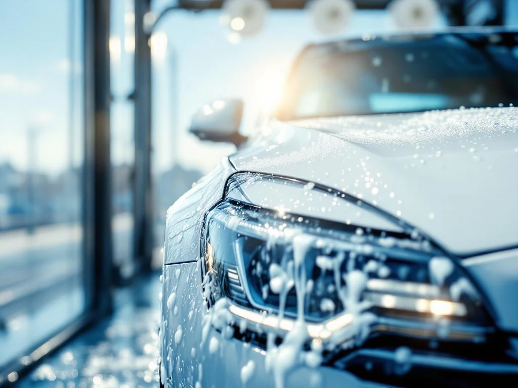 Witte auto wordt gewassen bij moderne wasstraat met draaiende borstels en zeepsop in Nederlands kuststadje
