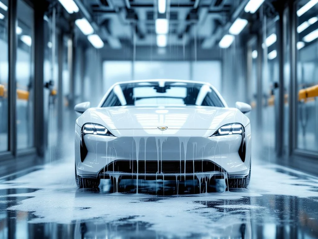 Witte auto in moderne wasstraat met zeepsop en water, geautomatiseerde borstels en sproeiers op de achtergrond