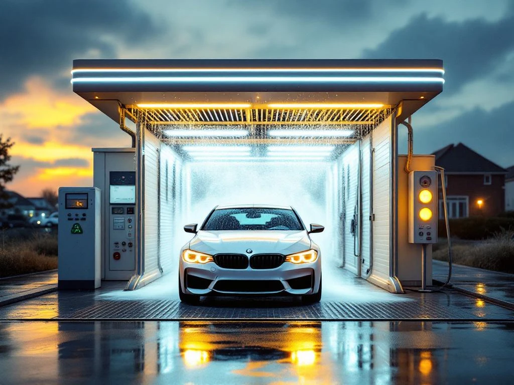 Moderne carwash in Katwijk met LED-verlichting en glimmende witte auto op natte stoep, Nederlandse kustarchitectuur op achtergrond