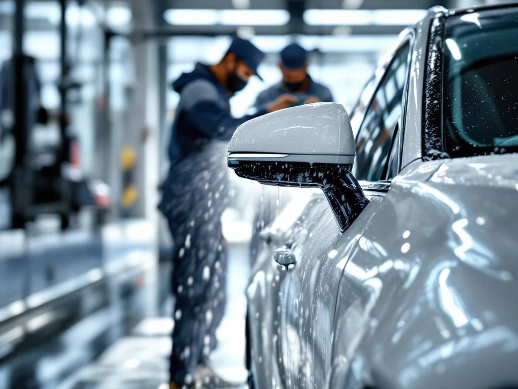 Witte auto wordt gewassen bij professionele wasstraat in Katwijk, medewerker poetst spiegel, waterdruppels op lak