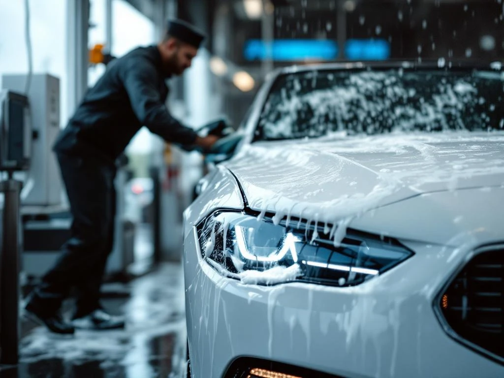 Witte auto wordt gewassen bij professionele carwash in Katwijk, medewerker reinigt motorkap met zeepsop