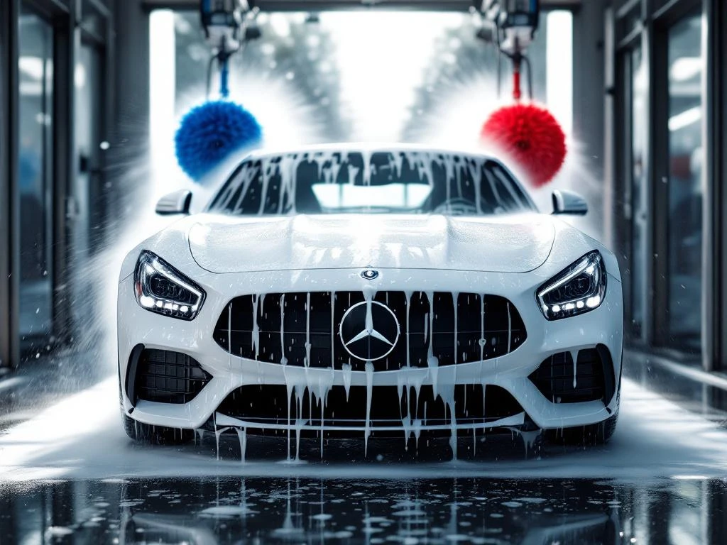 Witte auto wordt gewassen in moderne wasstraat in Katwijk met draaiende borstels en zeepschuim