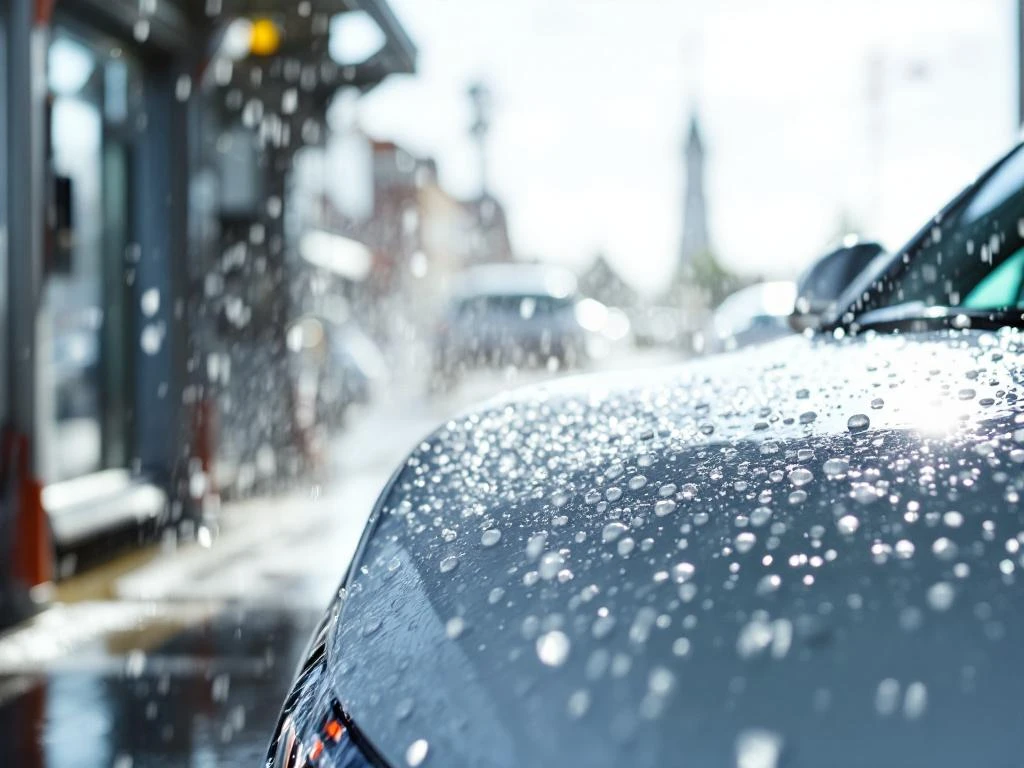 Witte auto wordt gewassen bij moderne wasstraat in Katwijk met waterstralen en zeepschuim