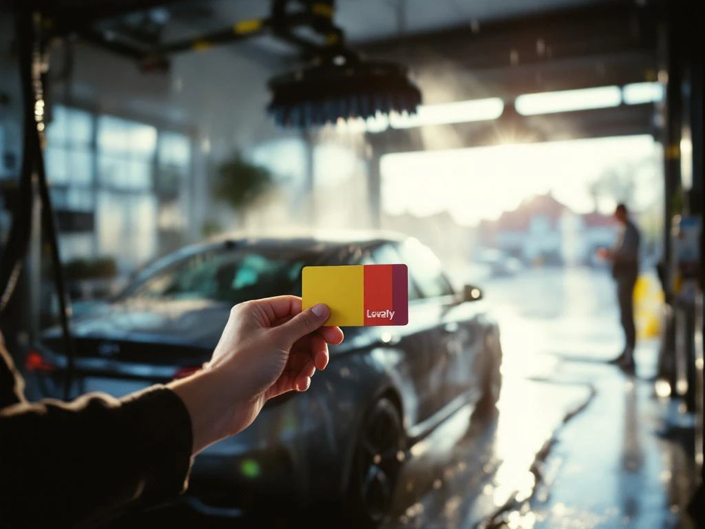 Klant toont loyaliteitskaart bij moderne autowasserij met glanzende natte sedan en Nederlandse kustarchitectuur op achtergrond