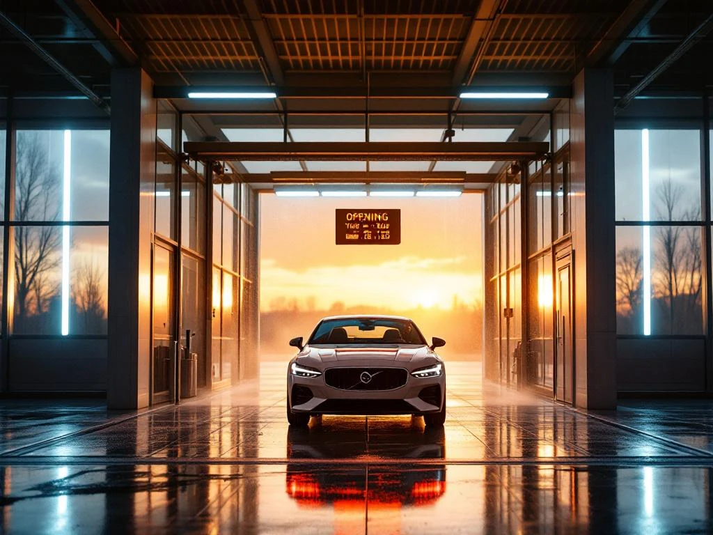 Moderne autowasserette met glazen gevel en LED-verlichting, glanzende sedan bij ingang tijdens gouden uur