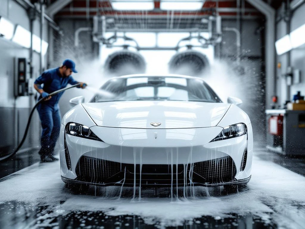 Witte auto wordt gewassen door medewerker in blauw uniform bij professionele wasstraat in Noordwijk met zeepschuim