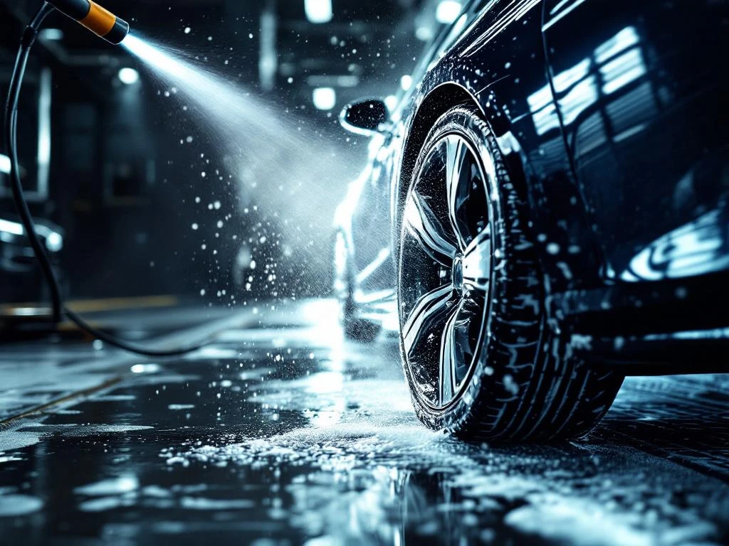 Auto wordt gewassen met hogedrukspuit op wielen met chroom velgen, zeepschuim en waterdruppels in professionele wasstraat