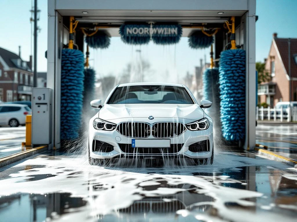Witte auto wordt gewassen met blauwe borstels en zeepsop bij moderne wasstraat in Noordwijk
