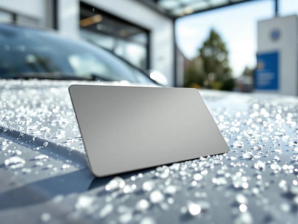 Lidmaatschapskaart op zilveren auto bij moderne wasstraat met Nederlandse architectuur, waterdruppels op glanzende lak