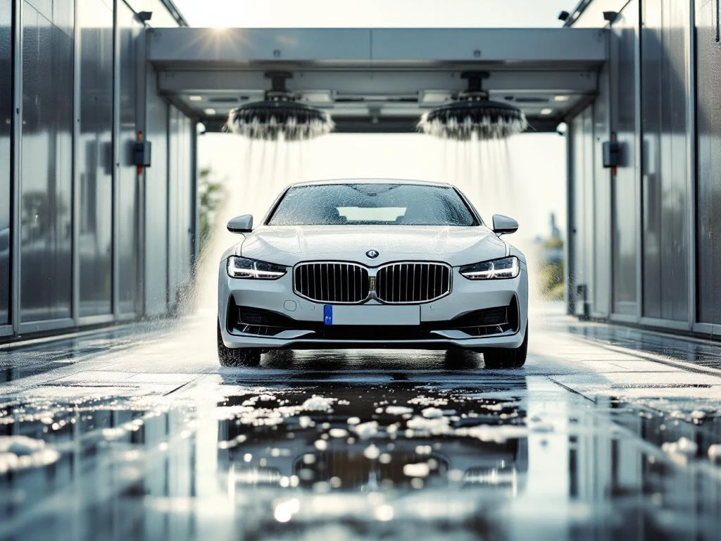 Witte auto wordt gewassen in automatische wasstraat met zeepdruiven en roterende borstels in Katwijk