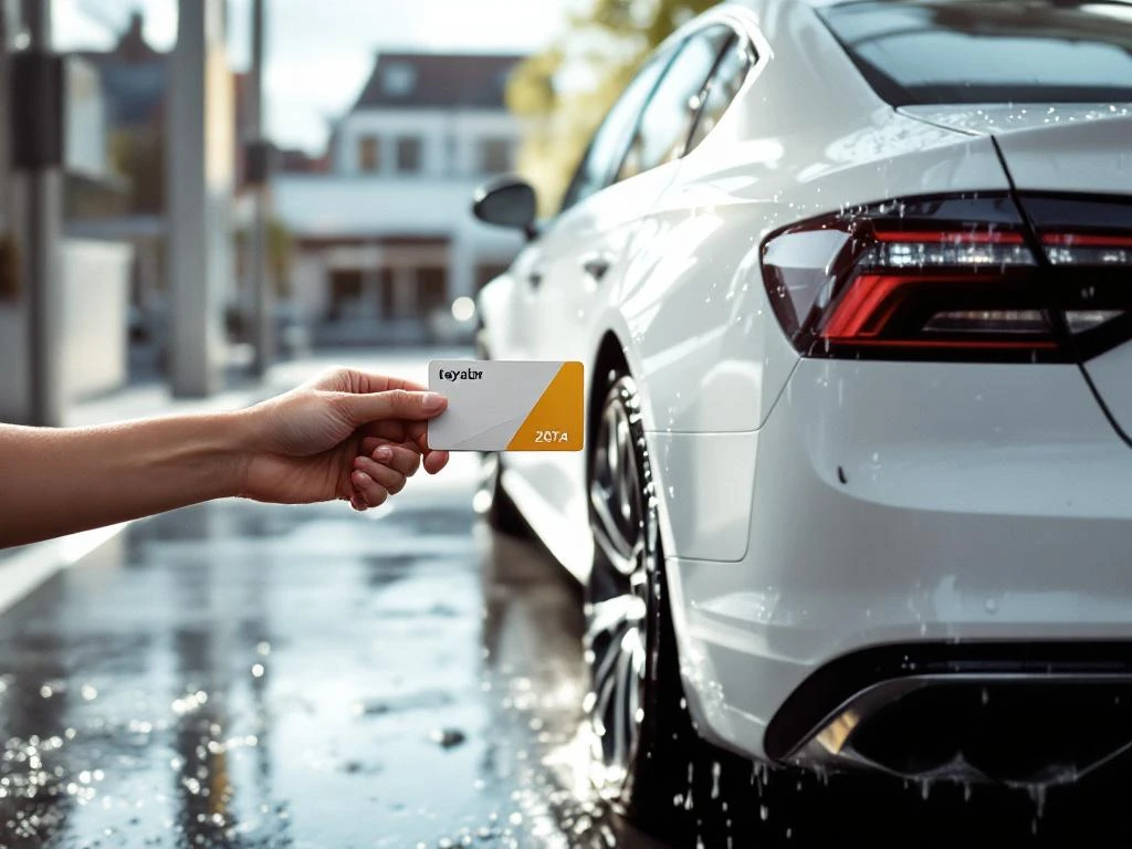 Witte auto bij moderne wasstraat met hand die loyaliteitskaart toont, waterdruppels op oppervlak zichtbaar