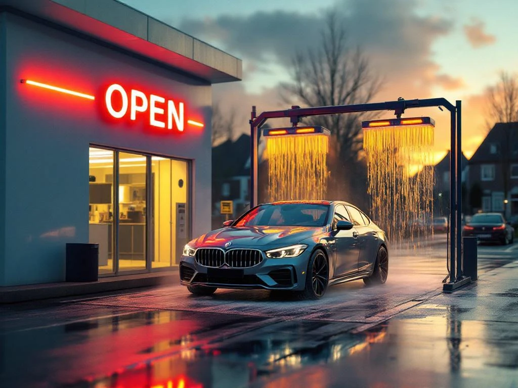 Moderne autowasserette met verlichte OPEN bord en sedan die gewassen wordt door geautomatiseerde borstels in avondlicht